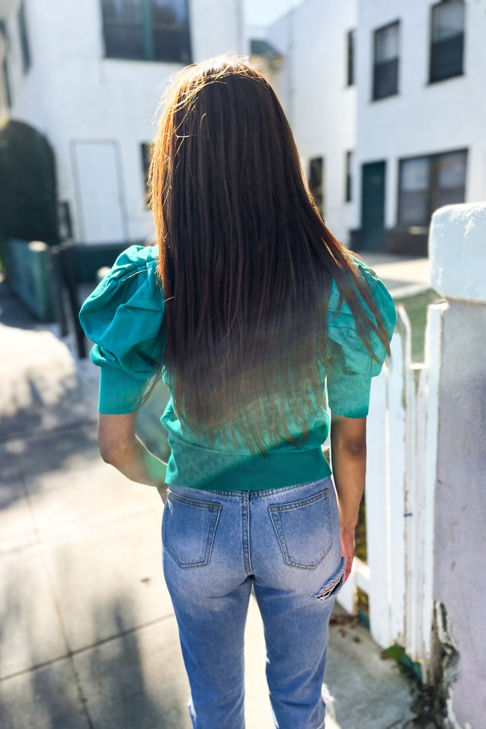 Be Bold Solid Emerald Shirred Puff Sleeve Sweater Top - Nikki &amp; Co. Boutique