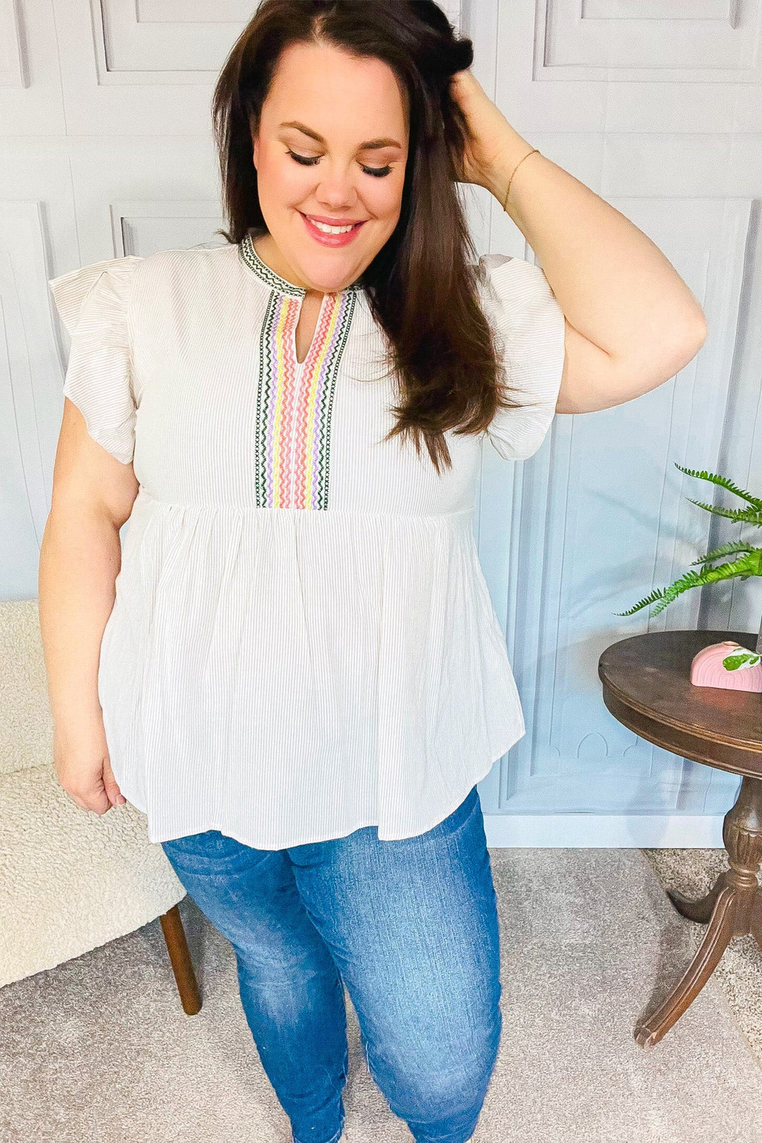 Weekend Ready Taupe Embroidered Notched Neck Babydoll Tops | Nikki &amp; Co. Boutique