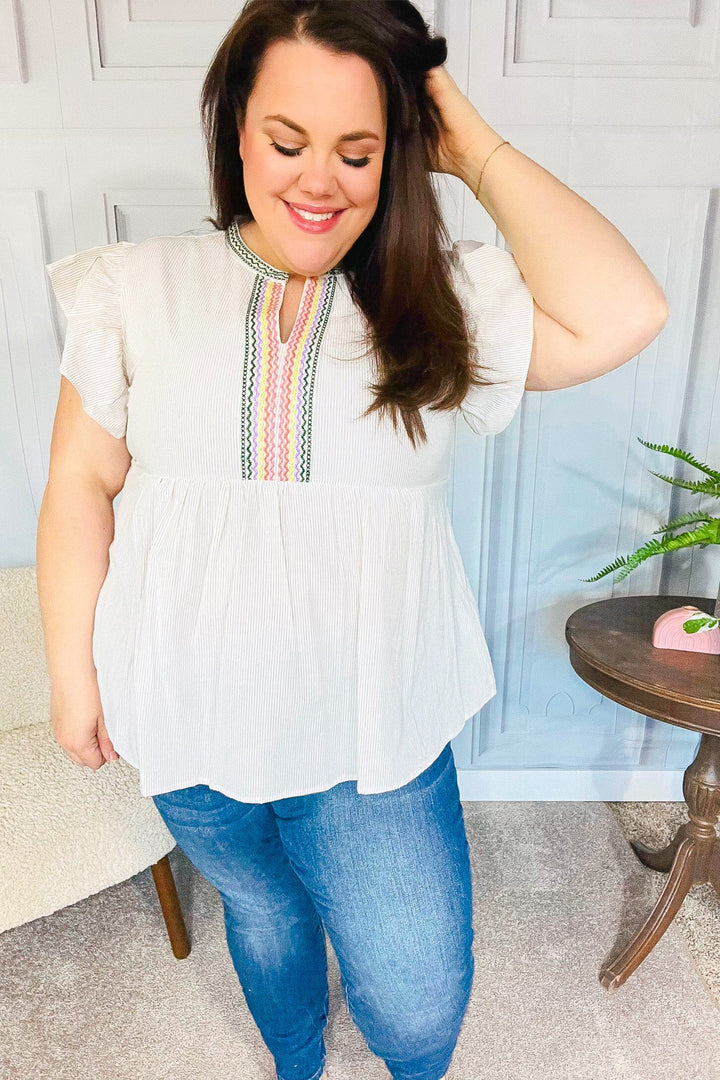 Weekend Ready Taupe Embroidered Notched Neck Babydoll Tops | Nikki &amp; Co. Boutique