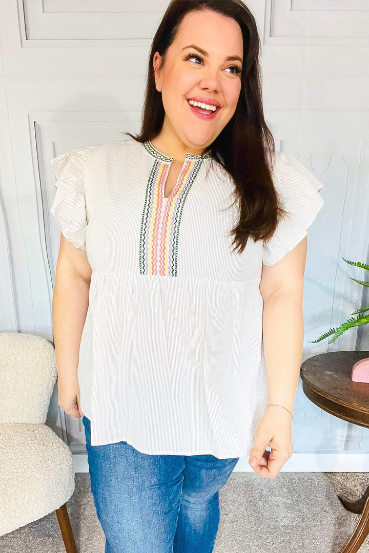 Weekend Ready Taupe Embroidered Notched Neck Babydoll Tops | Nikki &amp; Co. Boutique