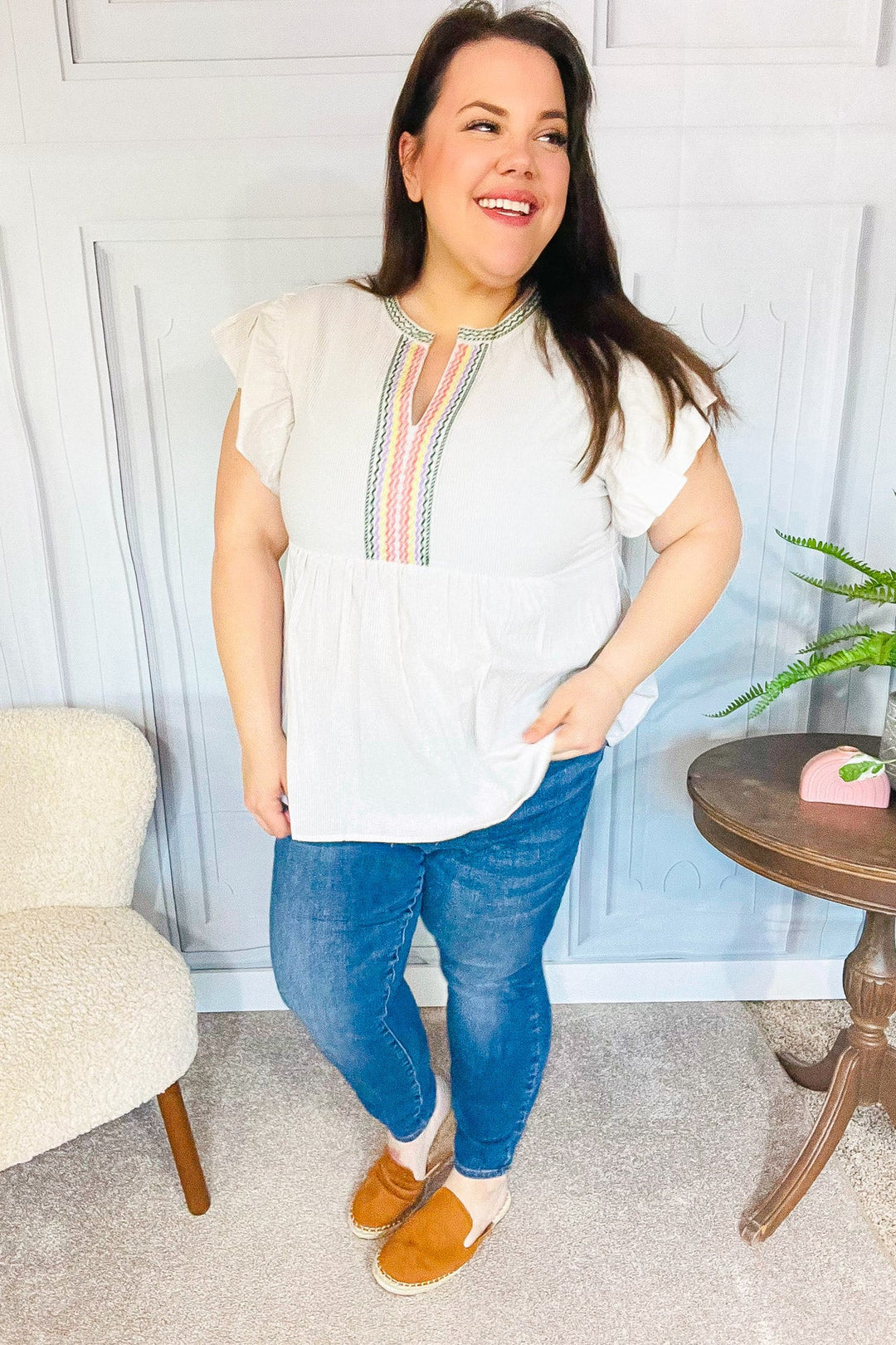 Weekend Ready Taupe Embroidered Notched Neck Babydoll Tops | Nikki &amp; Co. Boutique