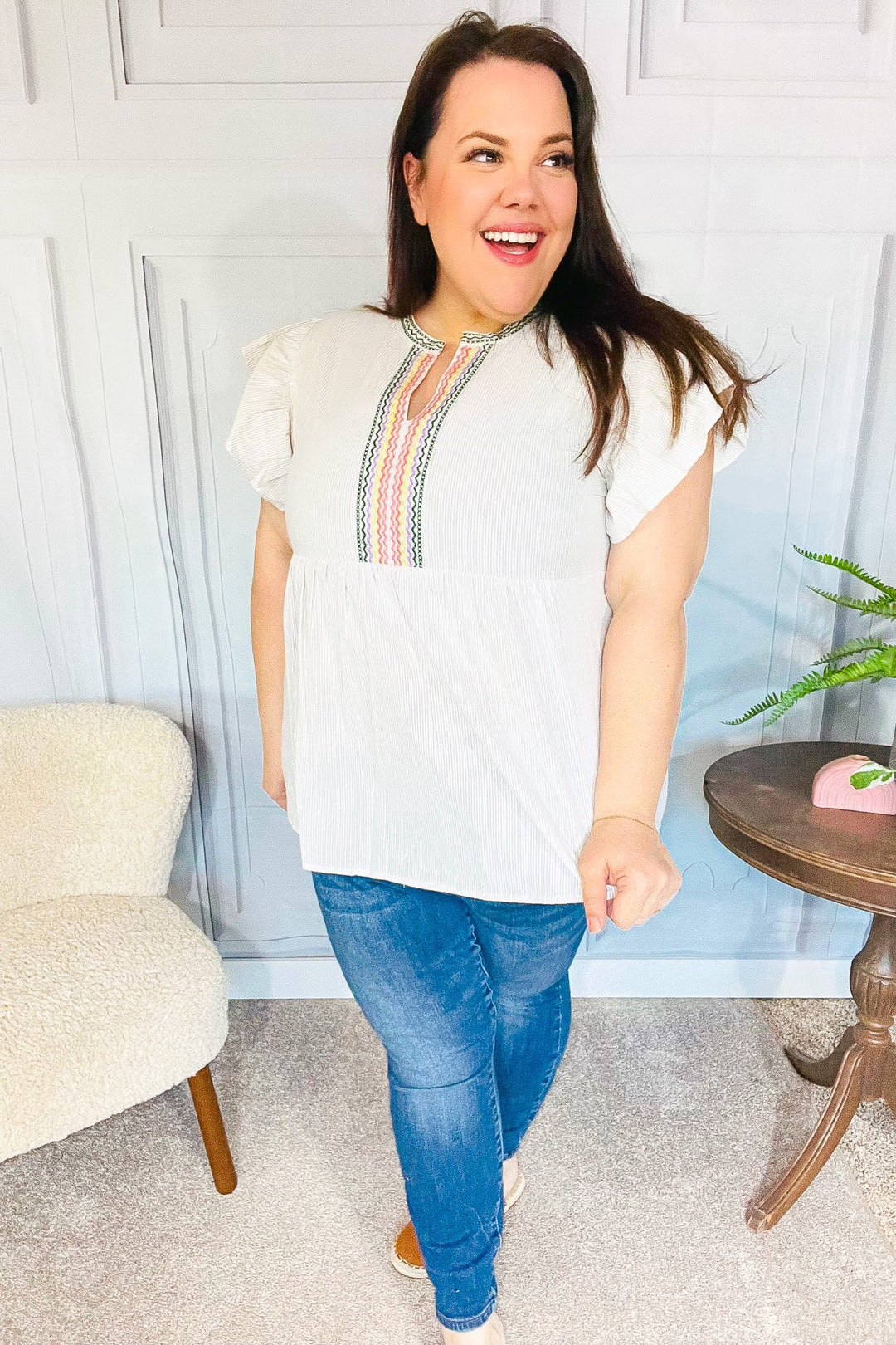 Weekend Ready Taupe Embroidered Notched Neck Babydoll Tops | Nikki &amp; Co. Boutique