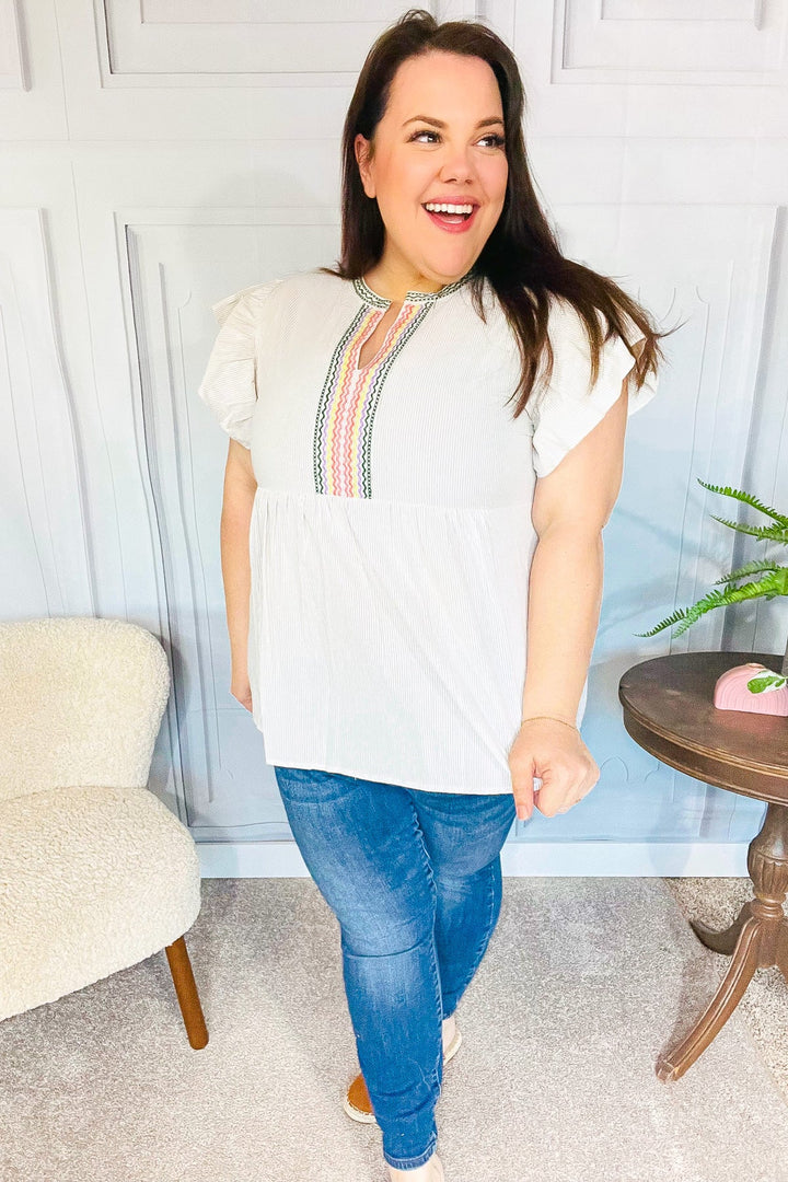 Weekend Ready Taupe Embroidered Notched Neck Babydoll Tops | Nikki &amp; Co. Boutique