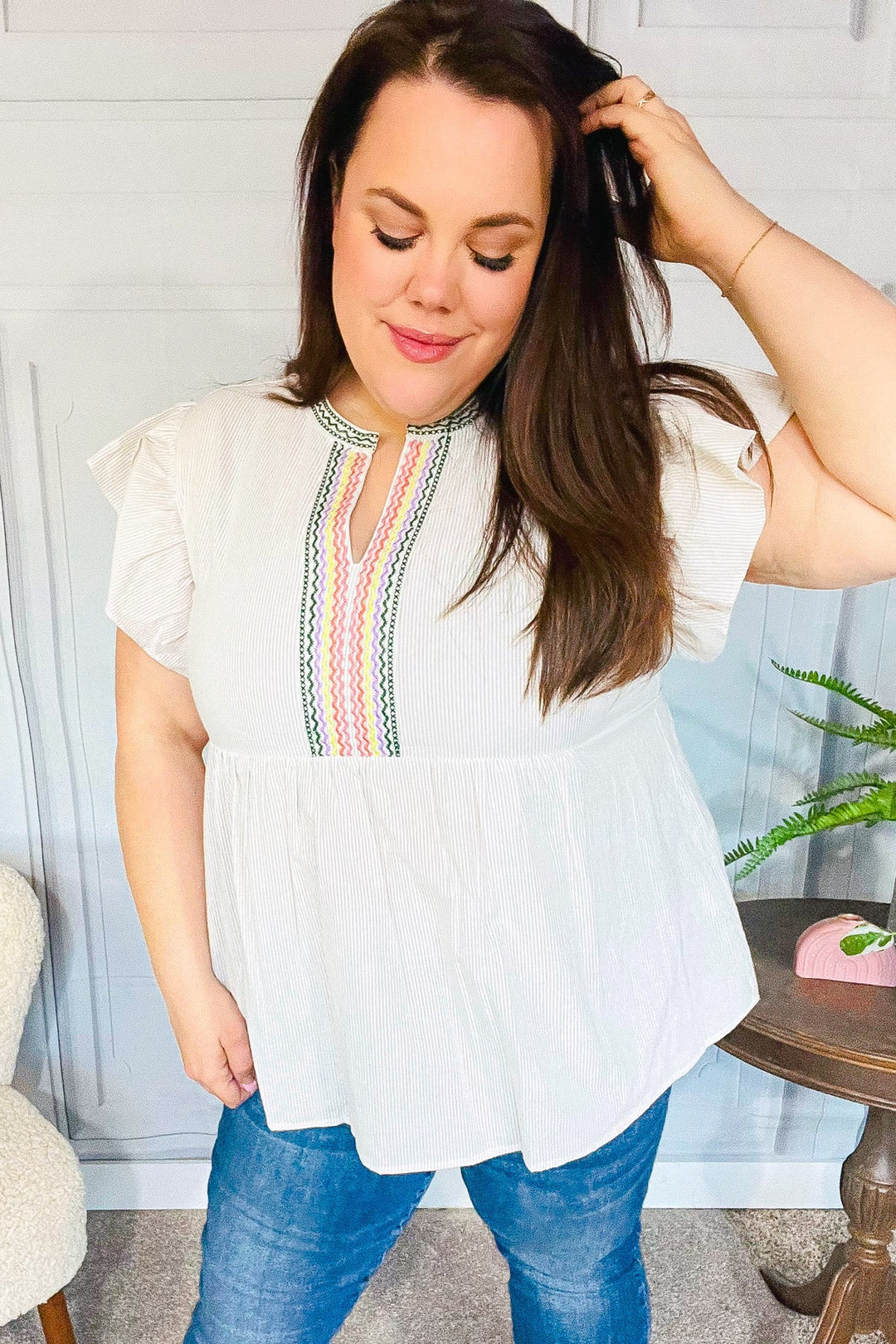 Weekend Ready Taupe Embroidered Notched Neck Babydoll Tops | Nikki &amp; Co. Boutique