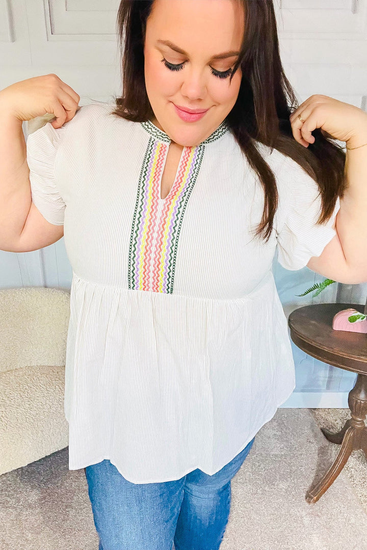 Weekend Ready Taupe Embroidered Notched Neck Babydoll Tops | Nikki &amp; Co. Boutique