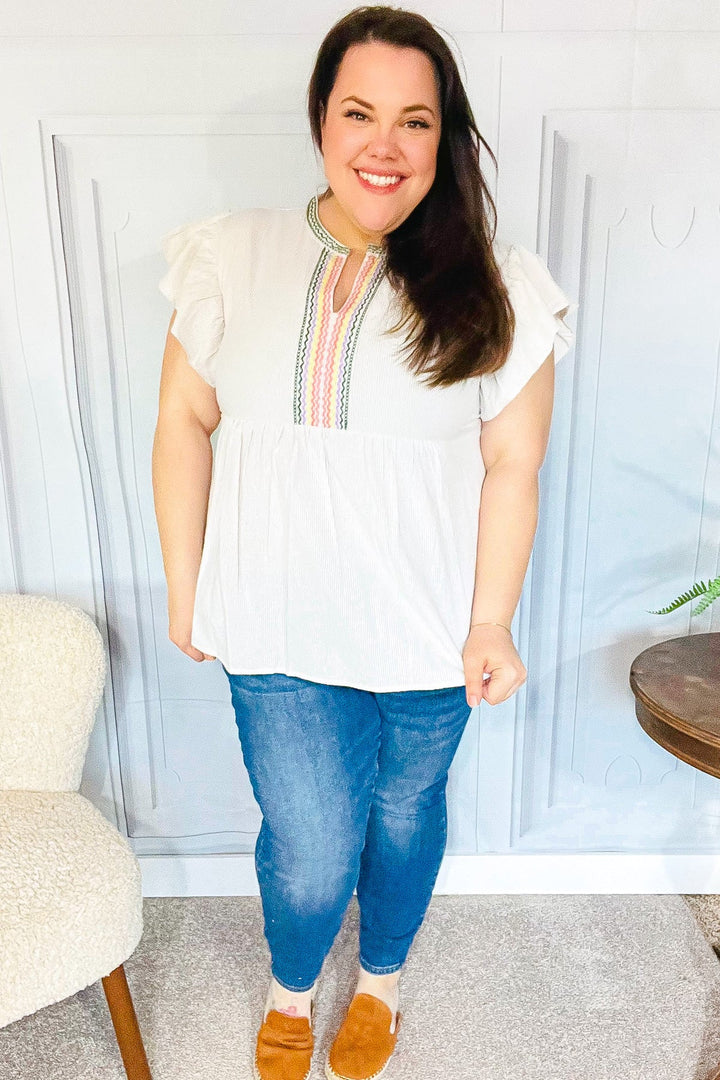 Weekend Ready Taupe Embroidered Notched Neck Babydoll Tops | Nikki &amp; Co. Boutique