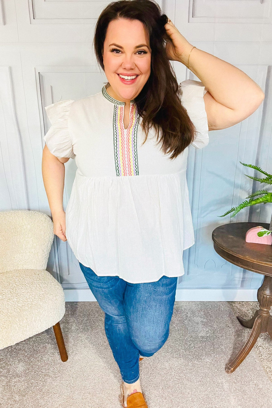 Weekend Ready Taupe Embroidered Notched Neck Babydoll Tops | Nikki &amp; Co. Boutique