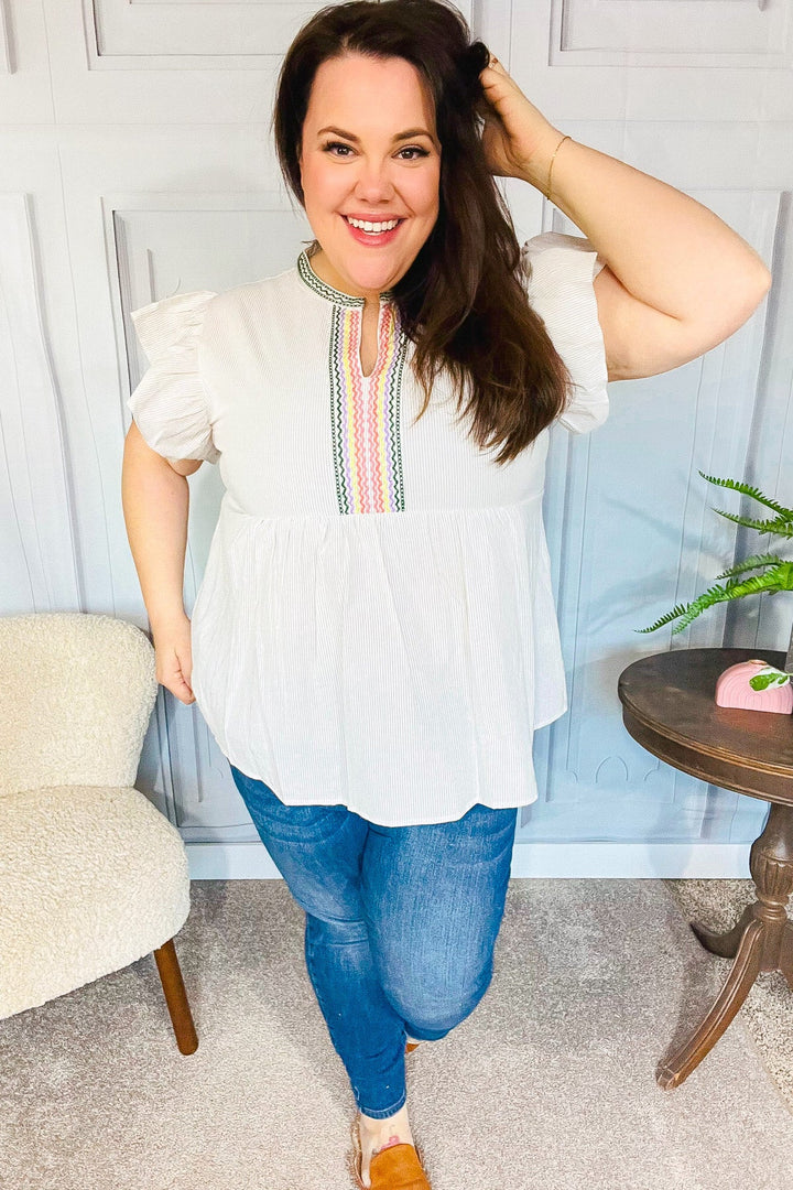 Weekend Ready Taupe Embroidered Notched Neck Babydoll Tops | Nikki &amp; Co. Boutique