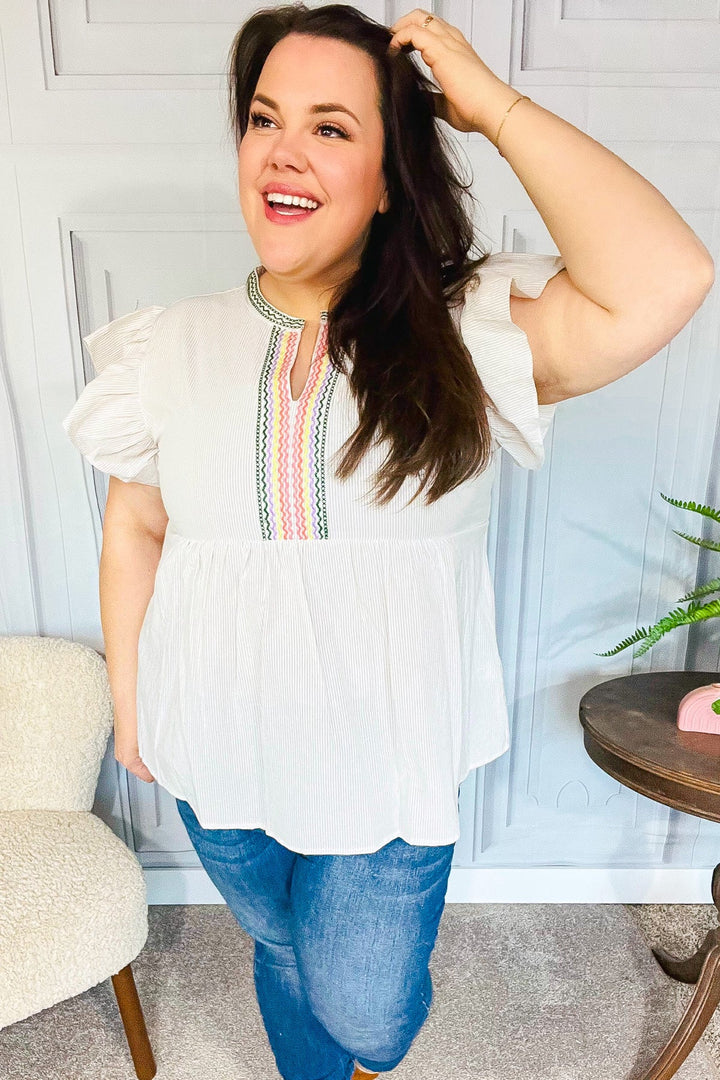 Weekend Ready Taupe Embroidered Notched Neck Babydoll Tops | Nikki &amp; Co. Boutique