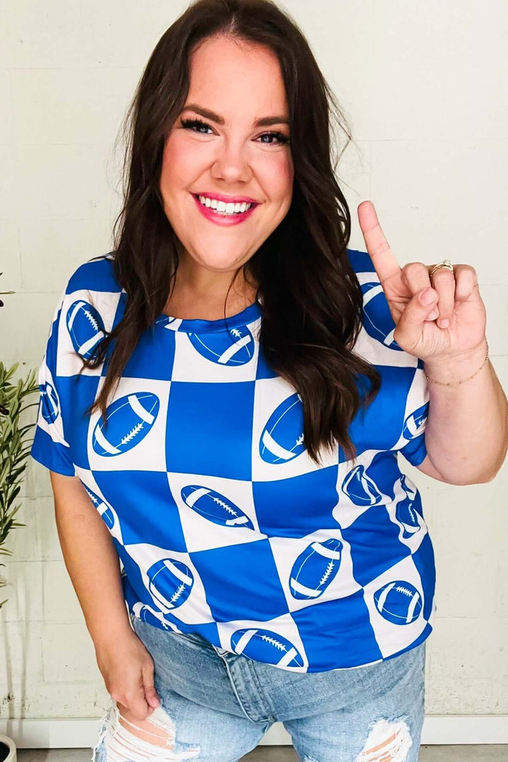 Turn Up The Volume Blue Football Checker Print Top - Nikki &amp; Co. Boutique