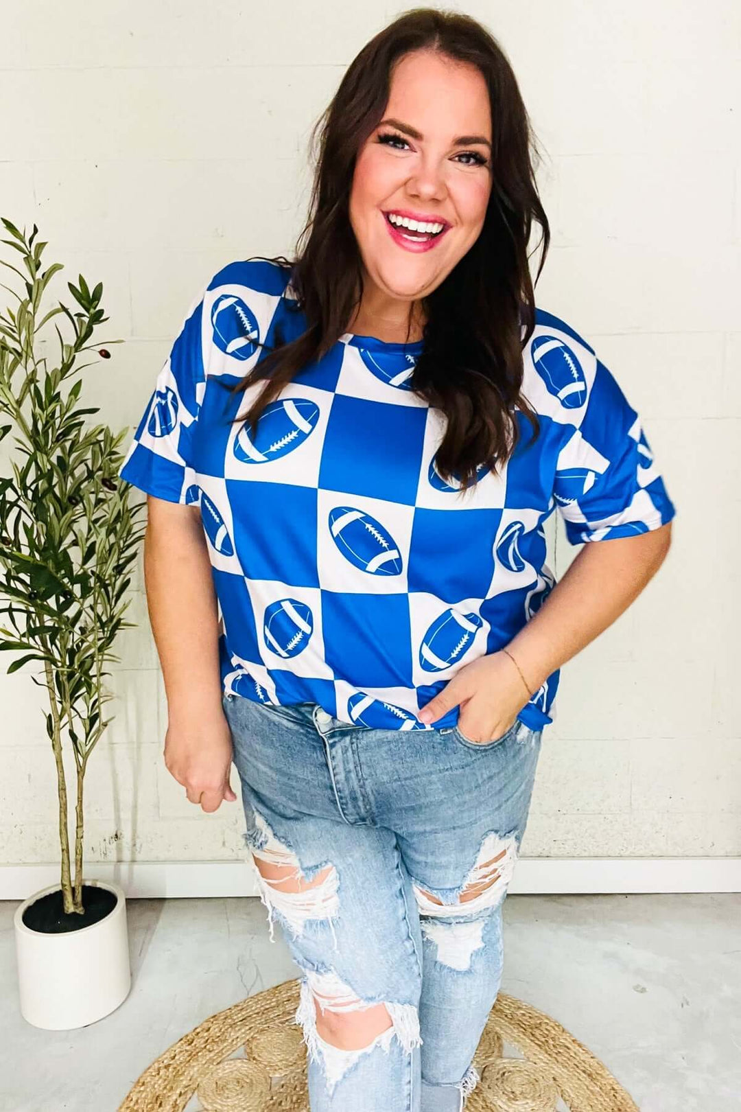 Turn Up The Volume Blue Football Checker Print Top - Nikki &amp; Co. Boutique