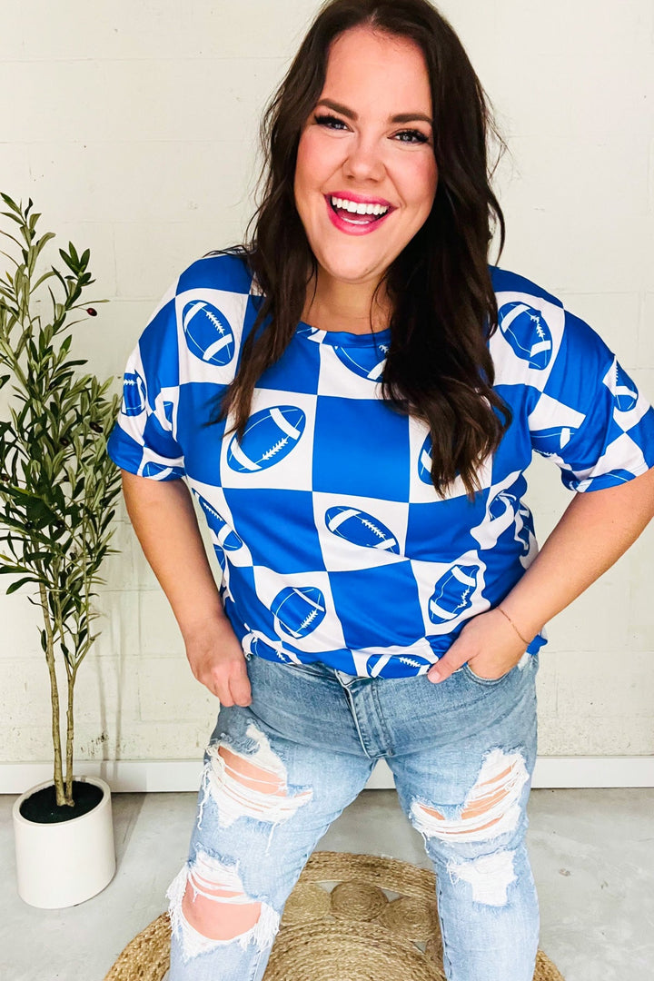 Turn Up The Volume Blue Football Checker Print Top - Nikki &amp; Co. Boutique