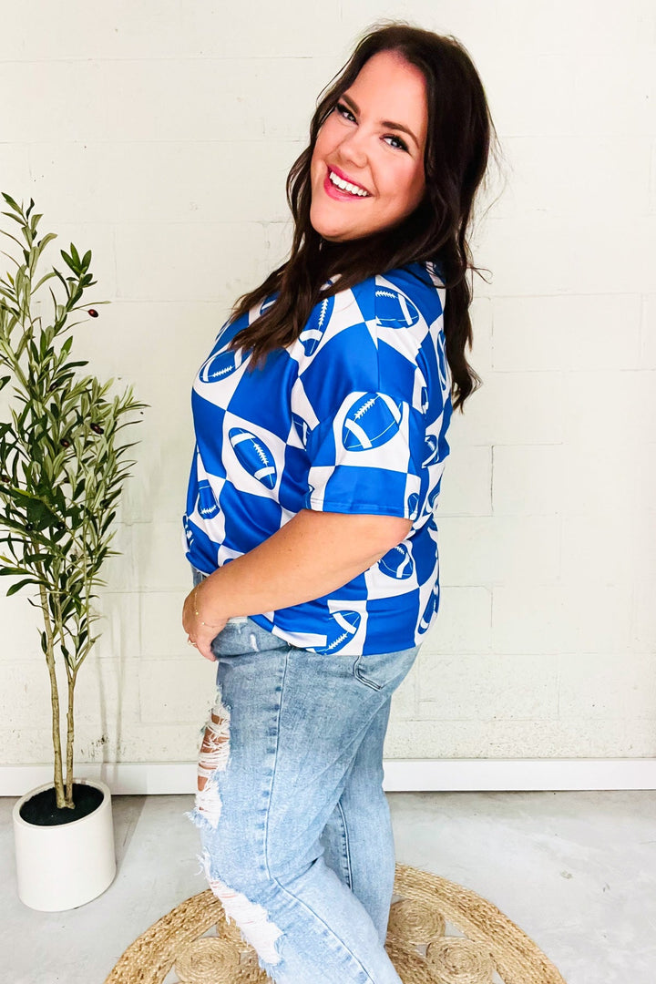 Turn Up The Volume Blue Football Checker Print Top - Nikki &amp; Co. Boutique