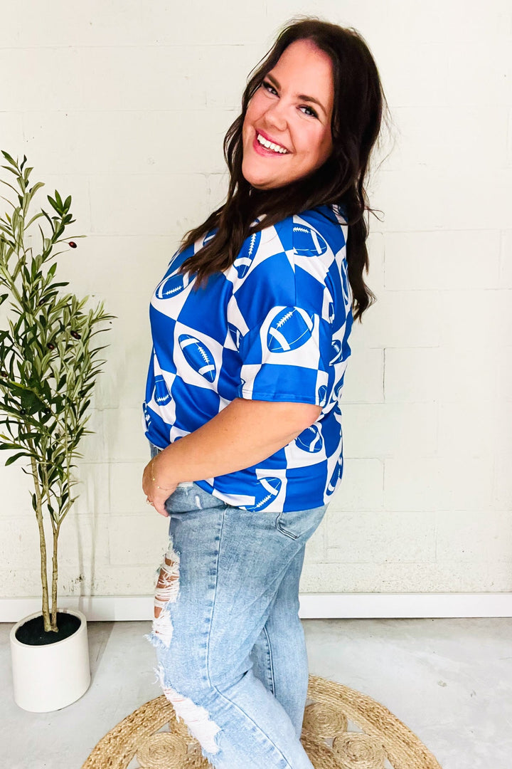 Turn Up The Volume Blue Football Checker Print Top - Nikki &amp; Co. Boutique