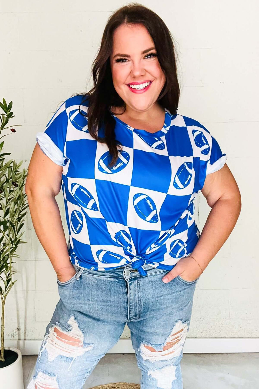 Turn Up The Volume Blue Football Checker Print Top - Nikki &amp; Co. Boutique