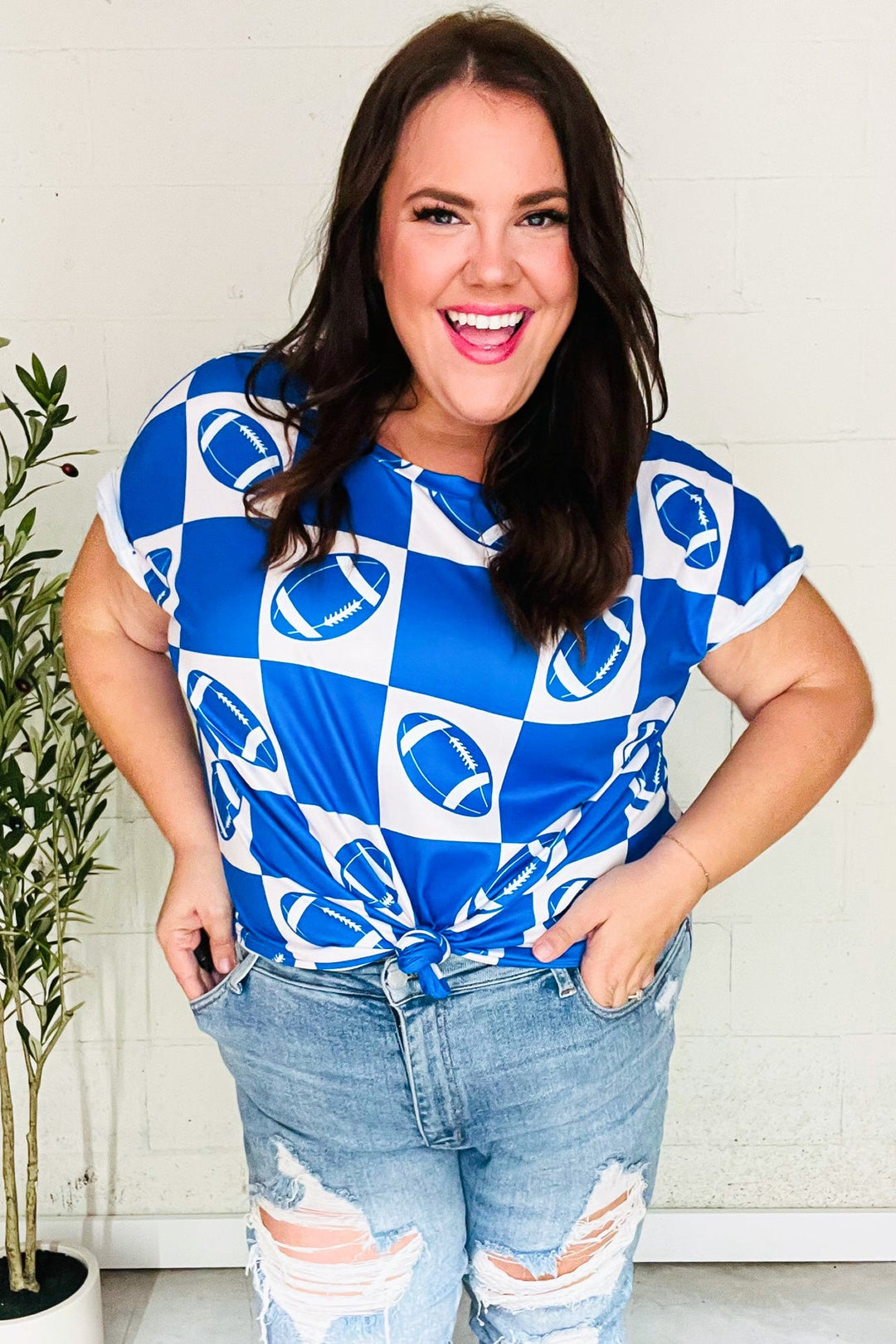 Turn Up The Volume Blue Football Checker Print Top - Nikki &amp; Co. Boutique