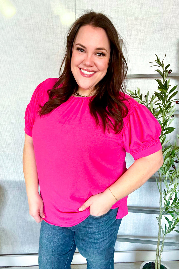 Perfectly You Solid Fuchsia Silk Shirred Cap Shorts Sleeve Blouse | Nikki &amp; Co. Boutique