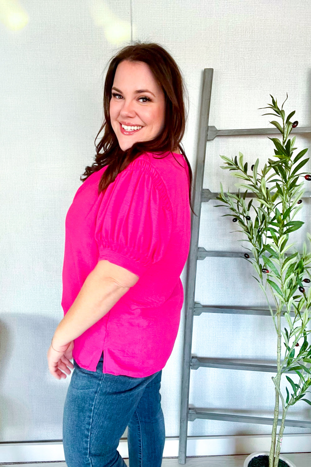 Perfectly You Solid Fuchsia Silk Shirred Cap Shorts Sleeve Blouse | Nikki &amp; Co. Boutique