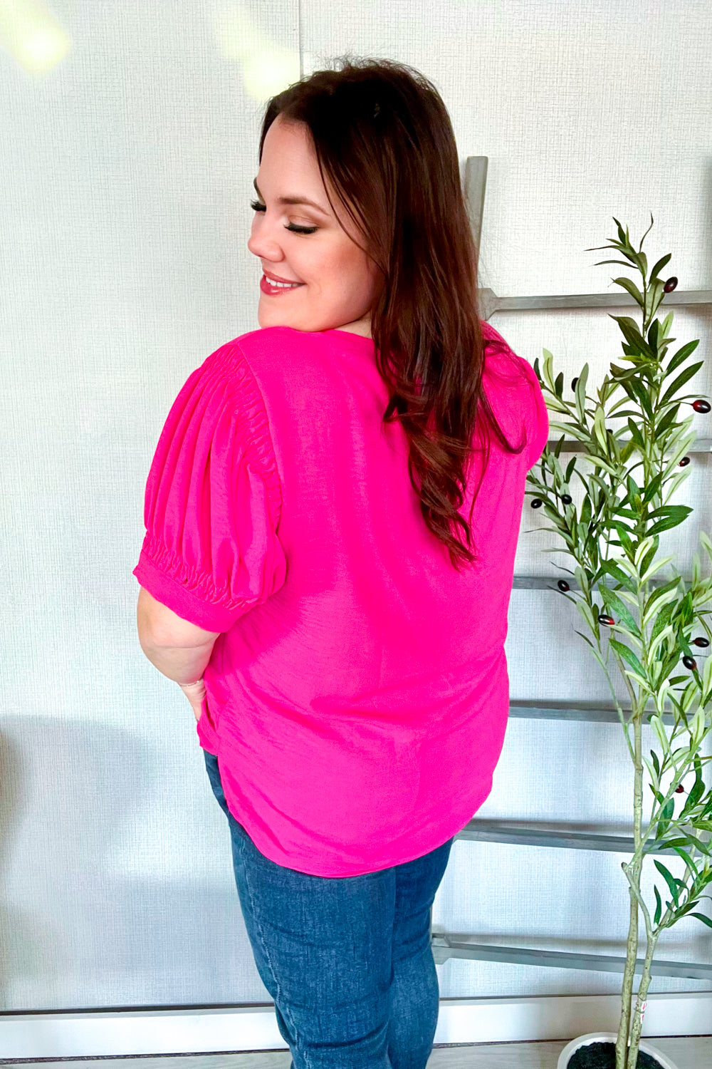 Perfectly You Solid Fuchsia Silk Shirred Cap Shorts Sleeve Blouse | Nikki &amp; Co. Boutique