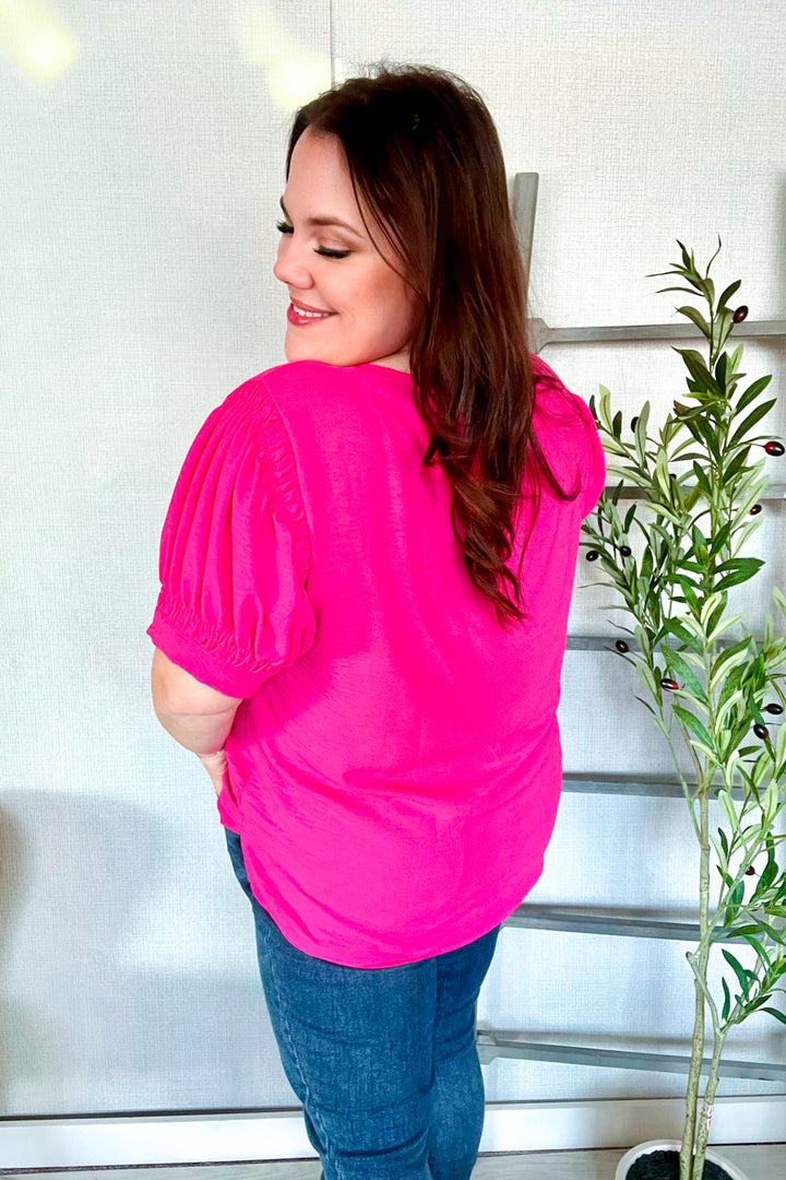 Perfectly You Solid Fuchsia Silk Shirred Cap Shorts Sleeve Blouse | Nikki &amp; Co. Boutique