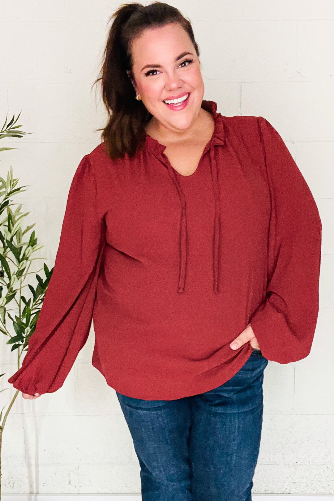 Feeling Femme Off Burgundy Frilled Edge V Neck Tie Tops | Nikki &amp; Co. Boutique