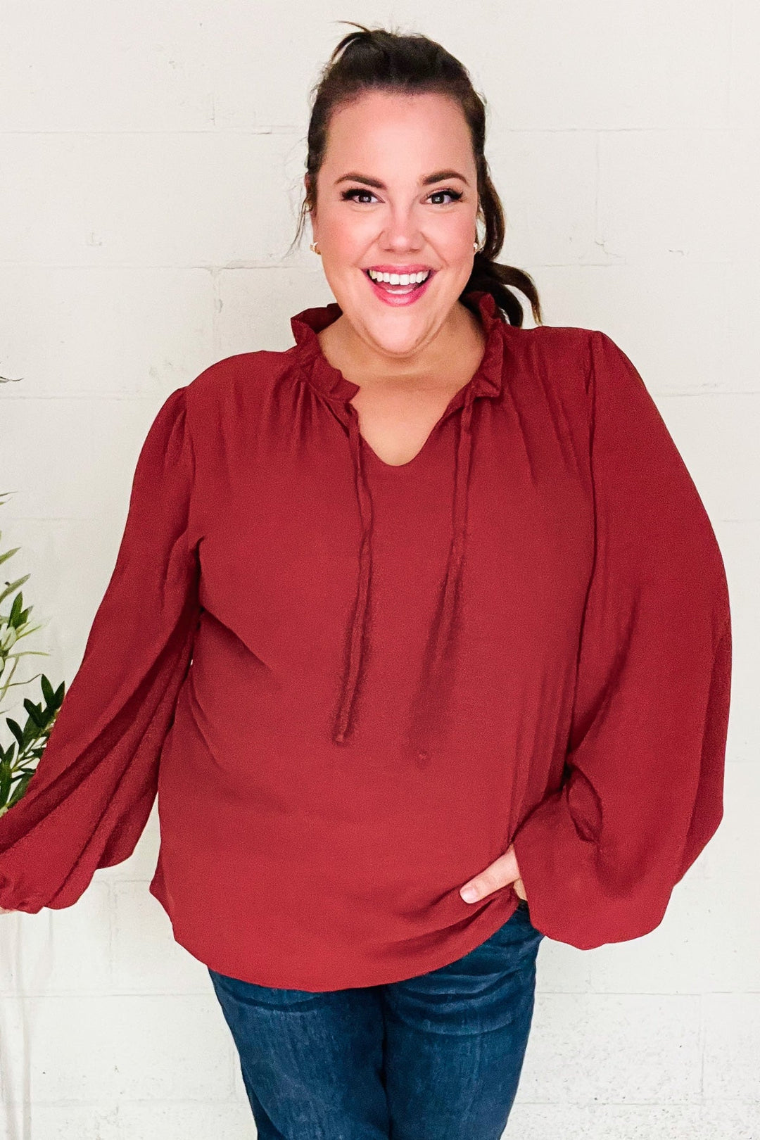Feeling Femme Off Burgundy Frilled Edge V Neck Tie Tops | Nikki &amp; Co. Boutique