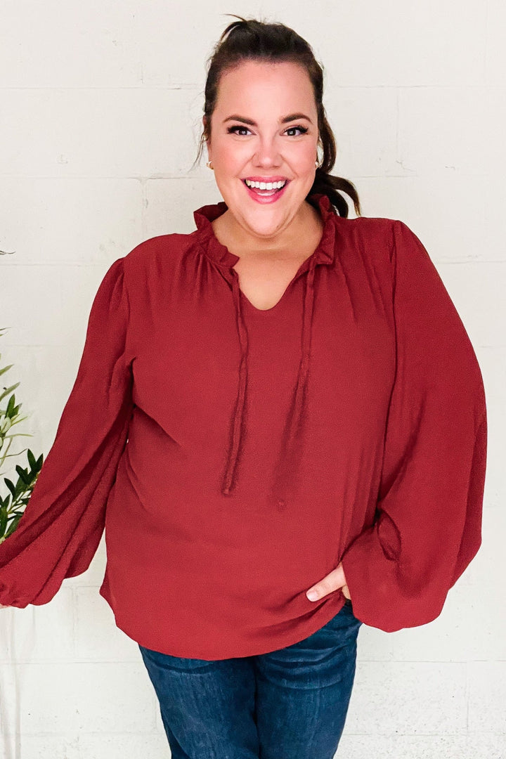 Feeling Femme Off Burgundy Frilled Edge V Neck Tie Tops | Nikki &amp; Co. Boutique
