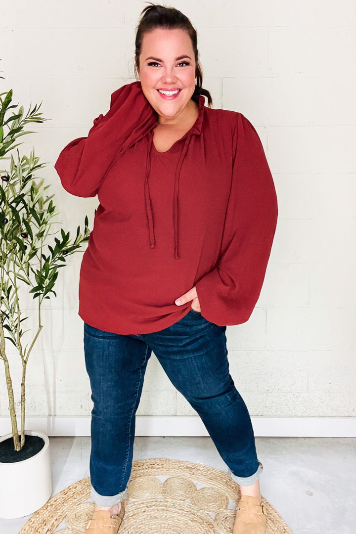 Feeling Femme Off Burgundy Frilled Edge V Neck Tie Tops | Nikki &amp; Co. Boutique