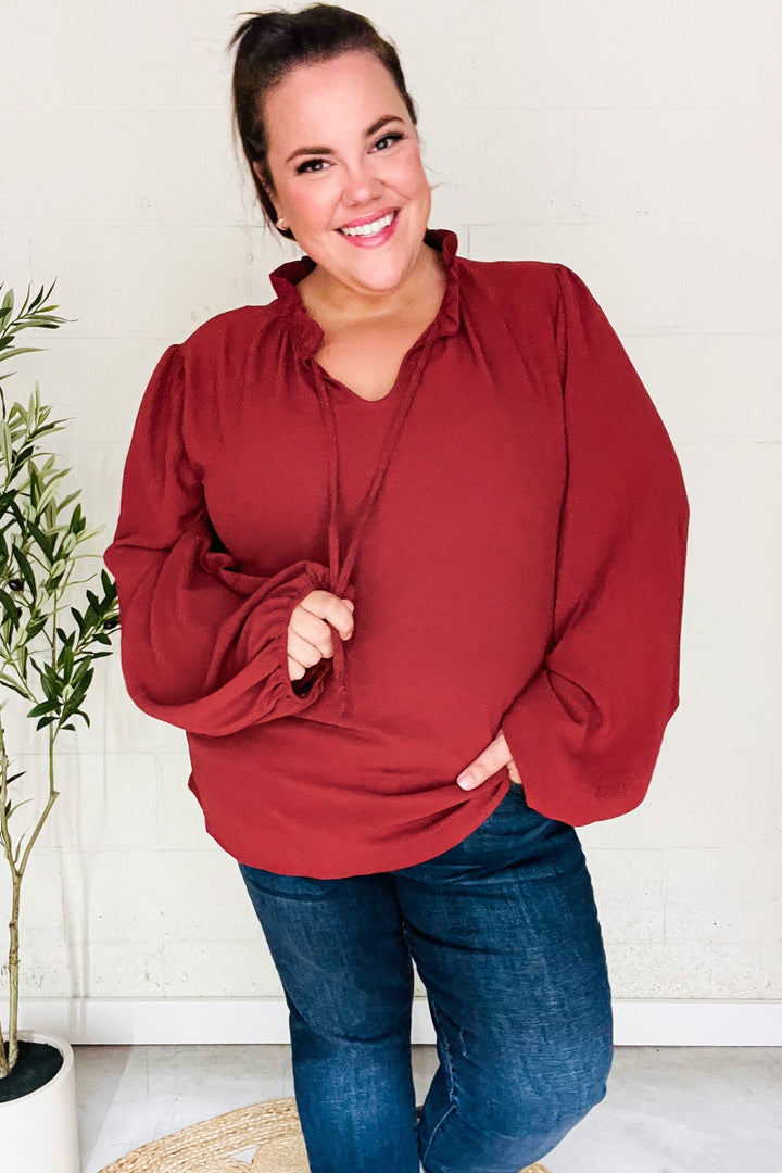 Feeling Femme Off Burgundy Frilled Edge V Neck Tie Tops | Nikki &amp; Co. Boutique