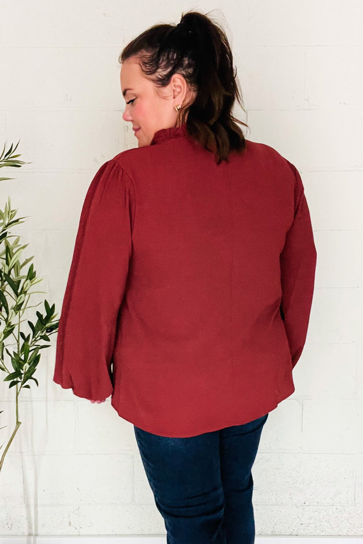 Feeling Femme Off Burgundy Frilled Edge V Neck Tie Tops | Nikki &amp; Co. Boutique