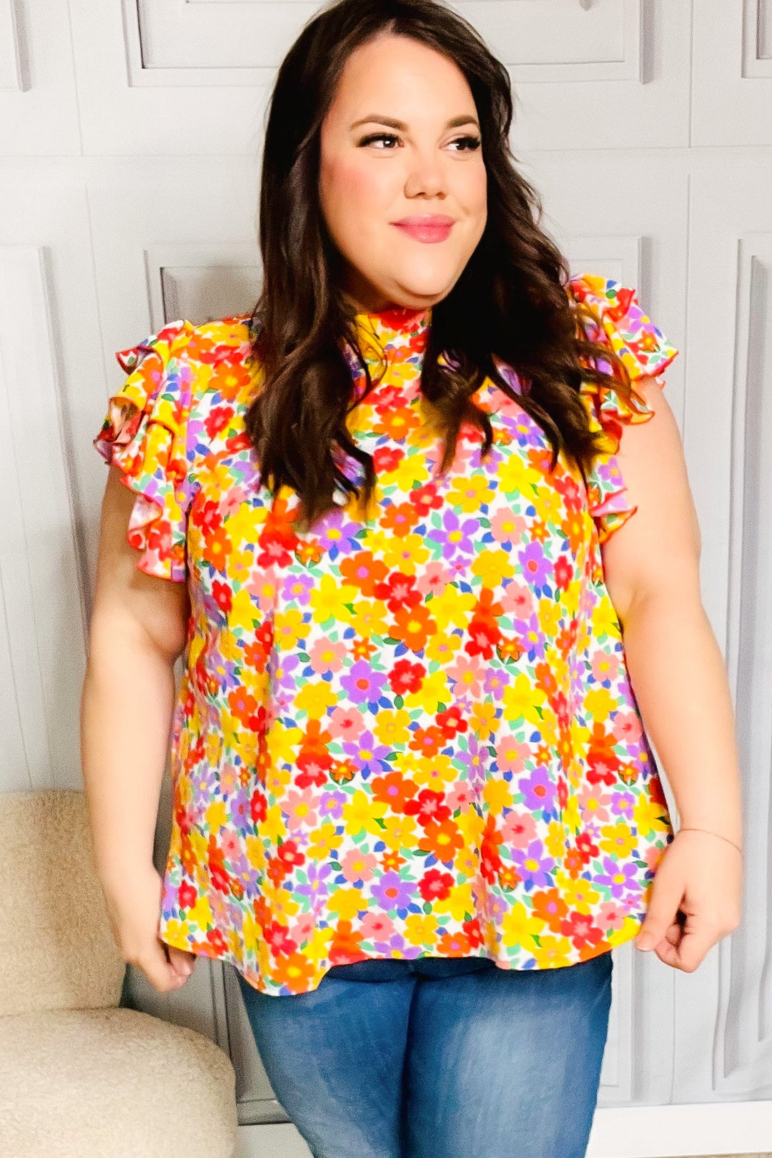 Flower Power Ivory &amp; Red Floral Mock Neck Flutter Sleeve Tops | Nikki &amp; Co. Boutique