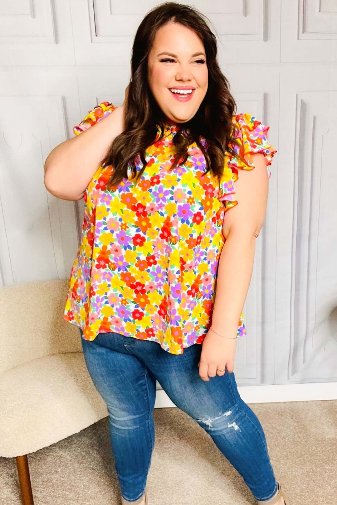 Flower Power Ivory &amp; Red Floral Mock Neck Flutter Sleeve Top - Nikki &amp; Co. Boutique