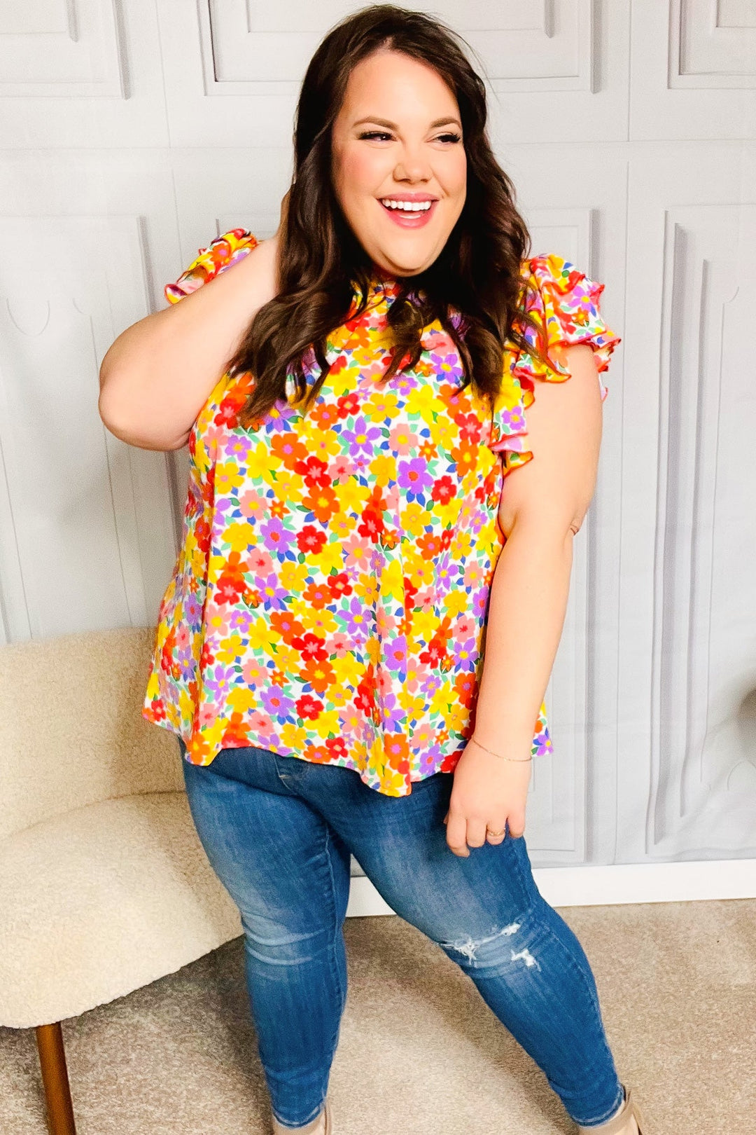 Flower Power Ivory &amp; Red Floral Mock Neck Flutter Sleeve Tops | Nikki &amp; Co. Boutique