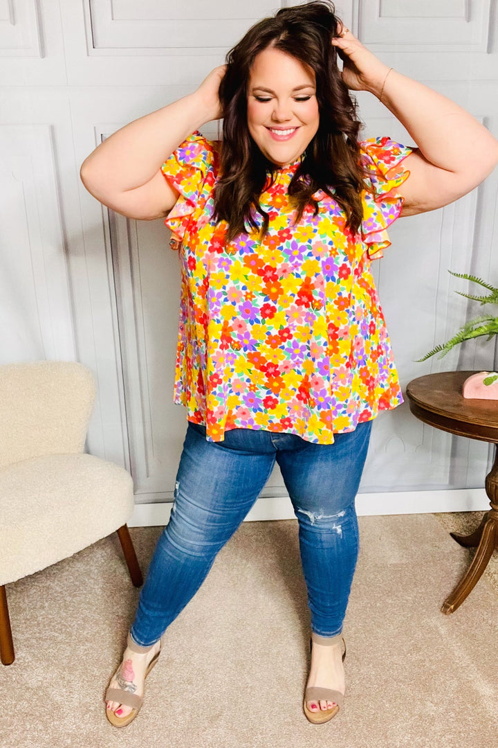 Flower Power Ivory &amp; Red Floral Mock Neck Flutter Sleeve Tops | Nikki &amp; Co. Boutique