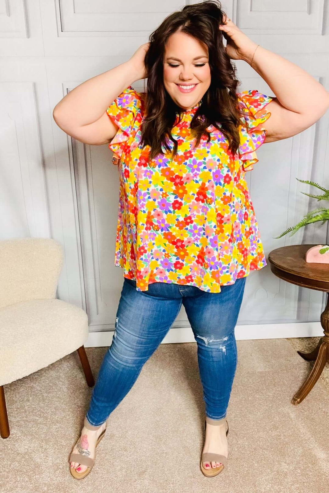 Flower Power Ivory &amp; Red Floral Mock Neck Flutter Sleeve Top - Nikki &amp; Co. Boutique
