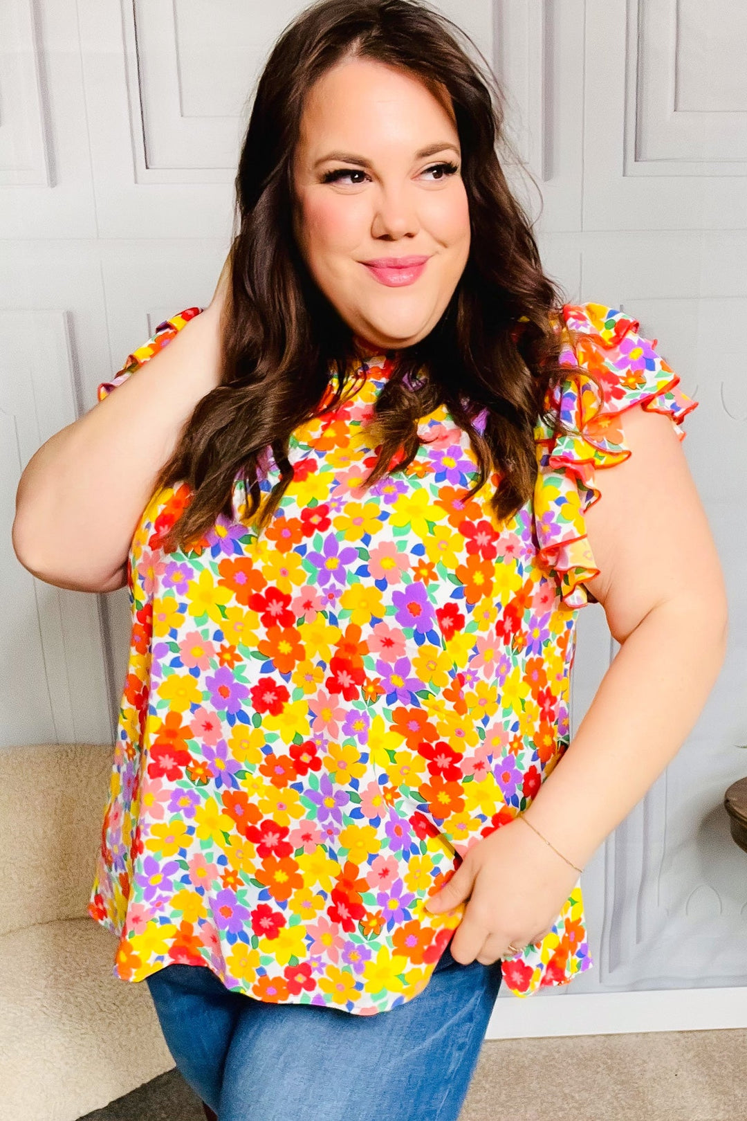 Flower Power Ivory &amp; Red Floral Mock Neck Flutter Sleeve Tops | Nikki &amp; Co. Boutique