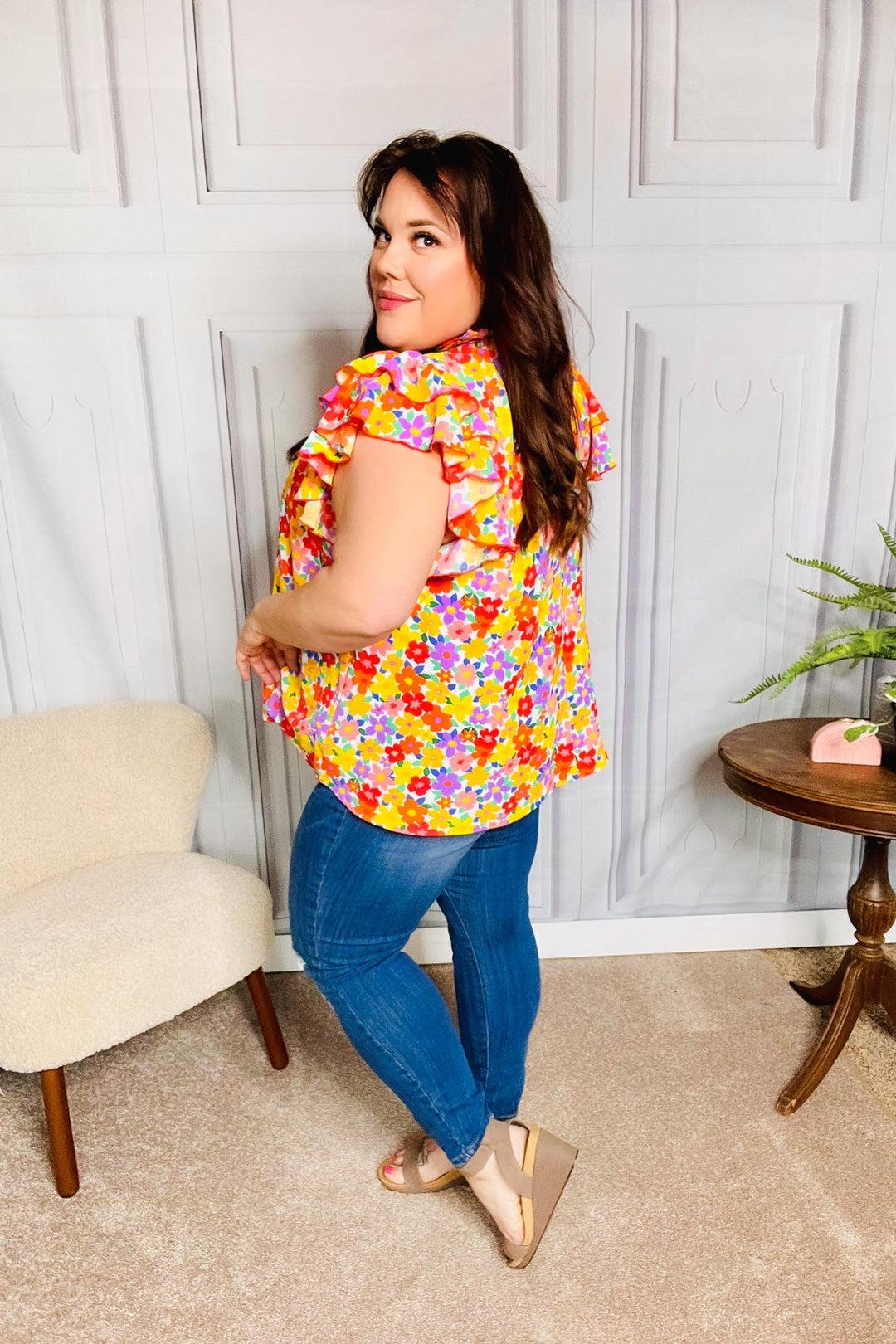 Flower Power Ivory &amp; Red Floral Mock Neck Flutter Sleeve Tops | Nikki &amp; Co. Boutique