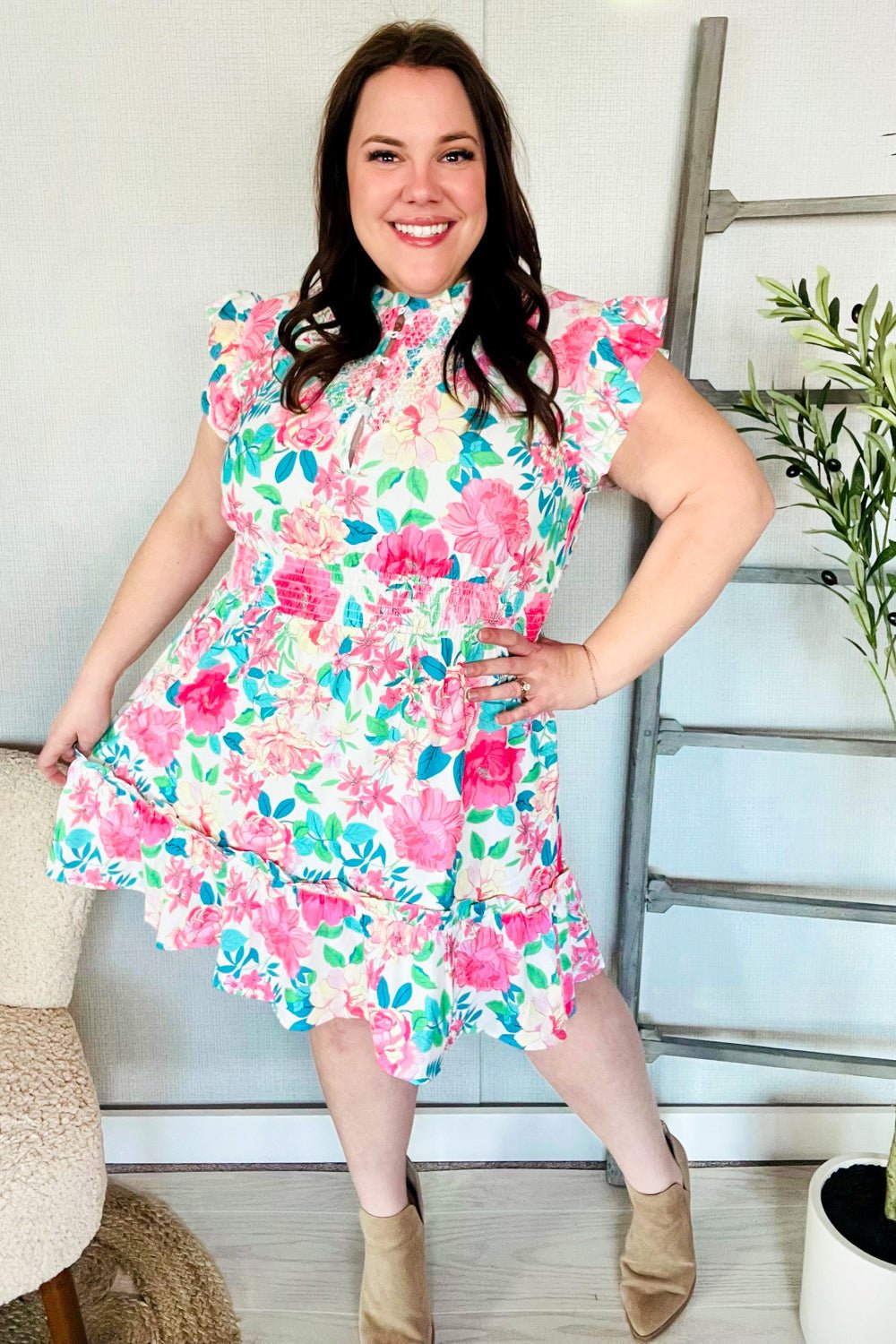 Under Your Spell Floral Smocked Flutter Sleeve Ruffle Mini Dress - Nikki &amp; Co. Boutique