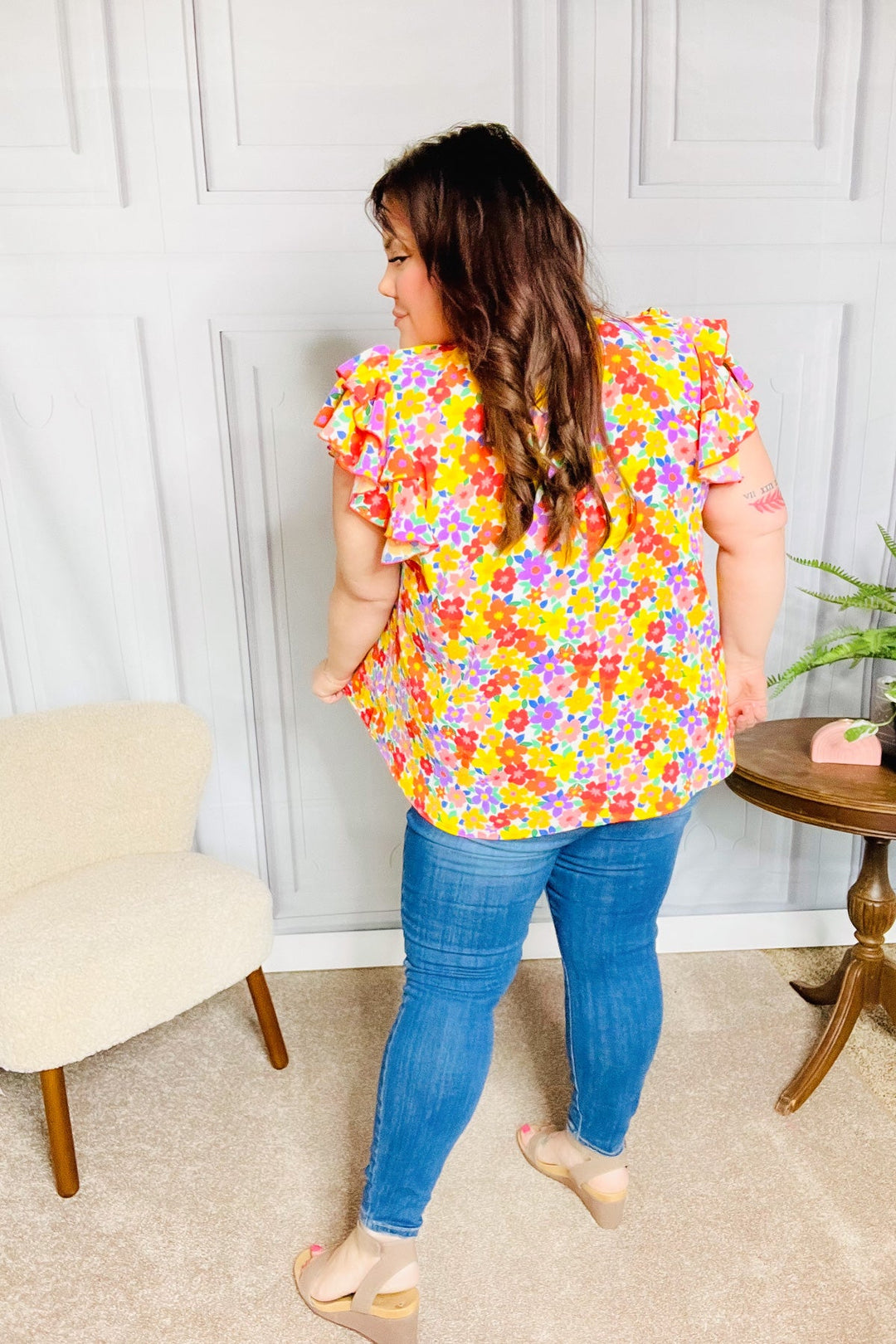 Flower Power Ivory &amp; Red Floral Mock Neck Flutter Sleeve Tops | Nikki &amp; Co. Boutique