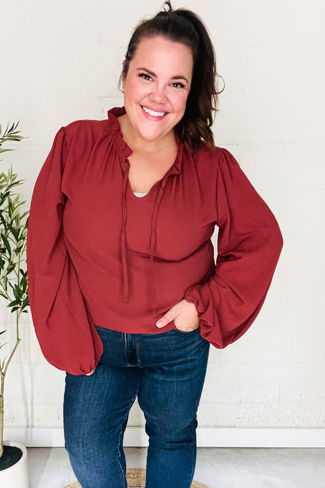 Feeling Femme Off Burgundy Frilled Edge V Neck Tie Tops | Nikki & Co. Boutique