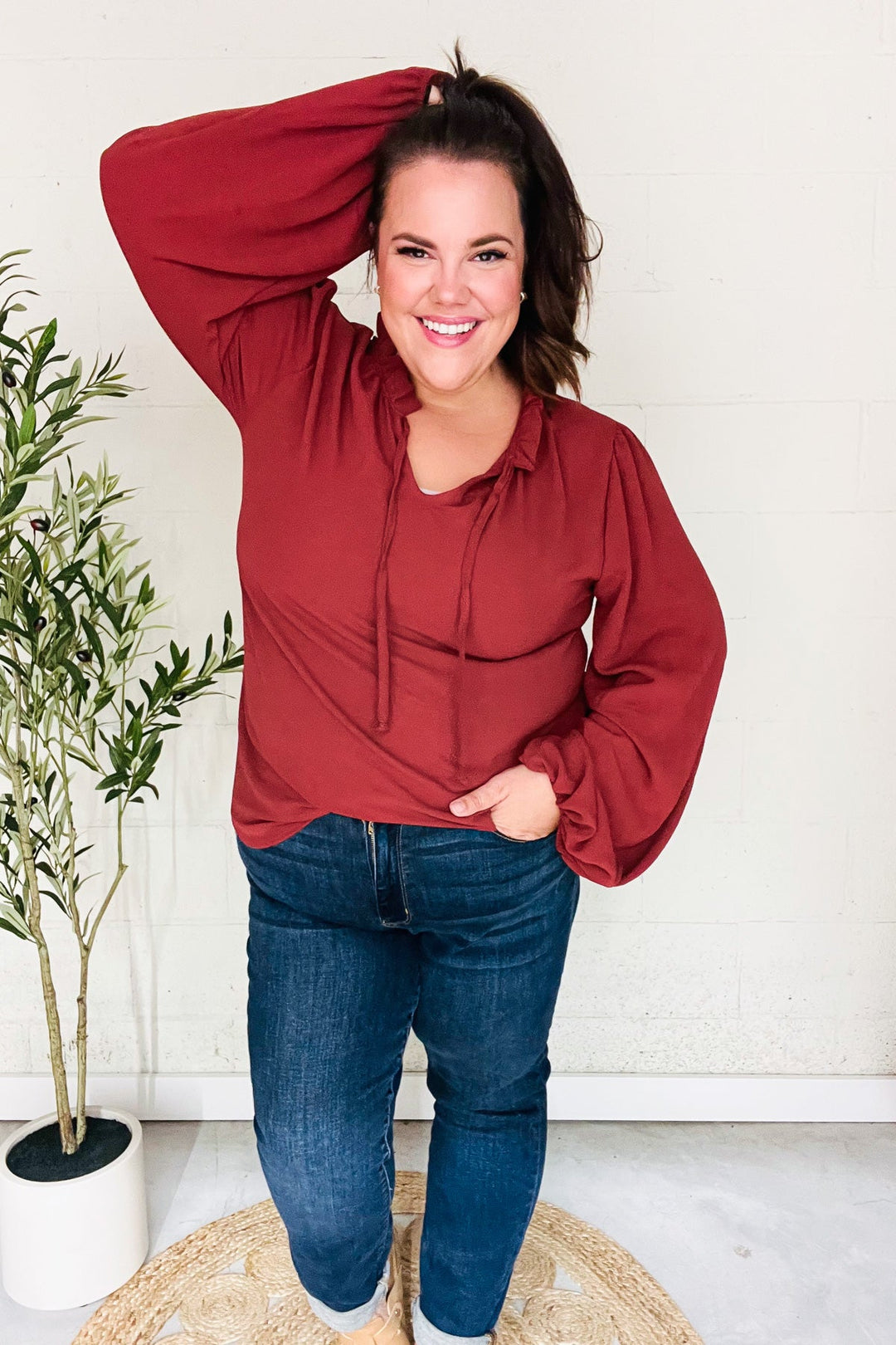 Feeling Femme Off Burgundy Frilled Edge V Neck Tie Tops | Nikki &amp; Co. Boutique