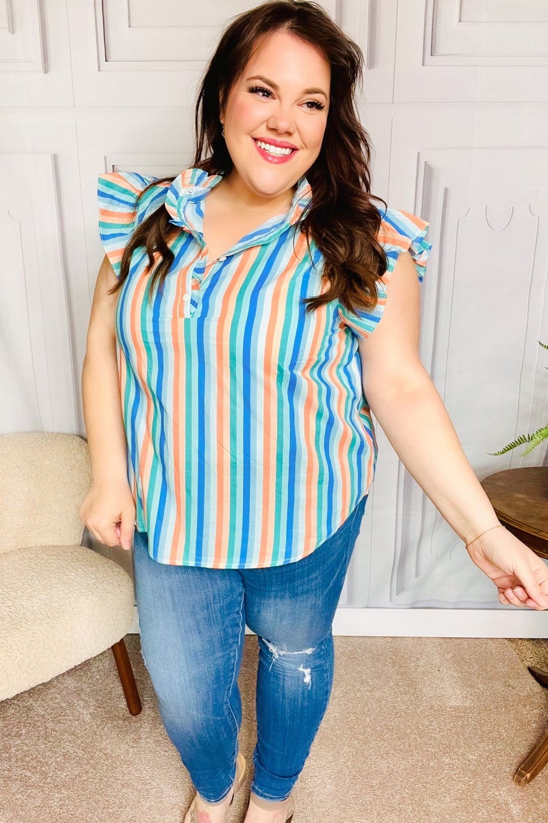 Happy Thoughts Sky Blue Striped Frill Button Down Tops | Nikki &amp; Co. Boutique
