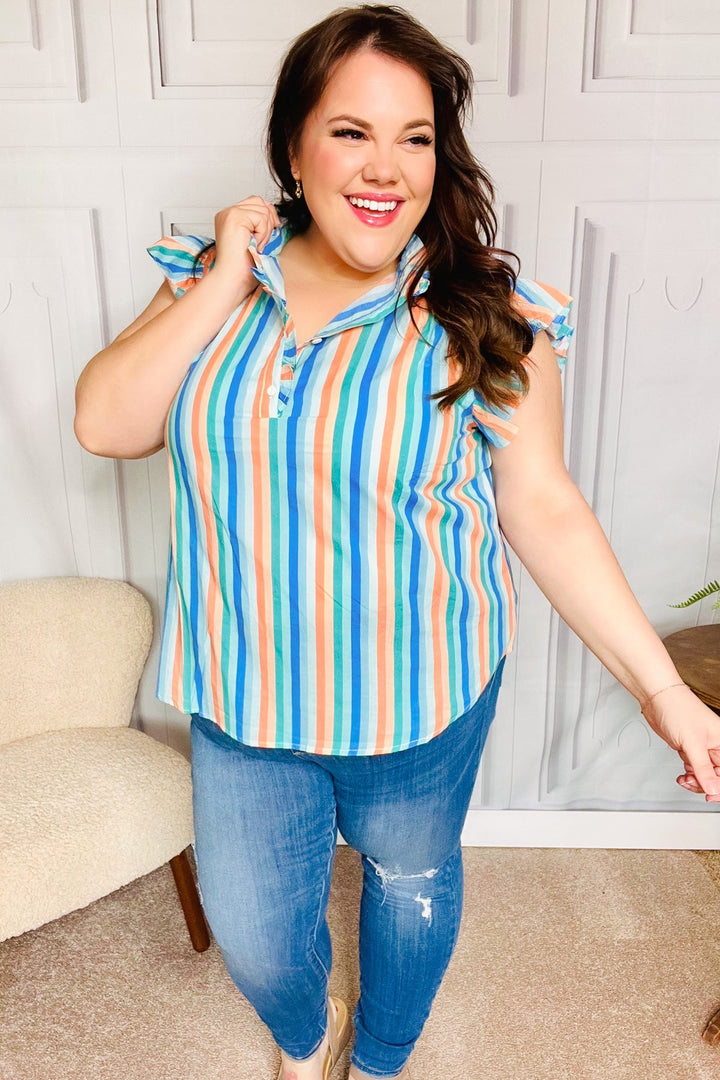 Happy Thoughts Sky Blue Striped Frill Button Down Tops | Nikki &amp; Co. Boutique