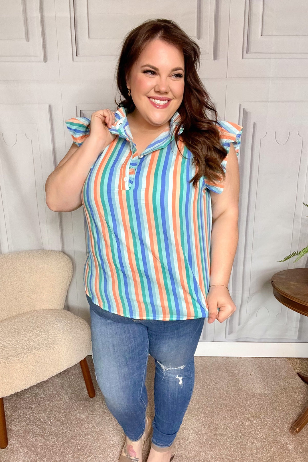 Happy Thoughts Sky Blue Striped Frill Button Down Tops | Nikki &amp; Co. Boutique