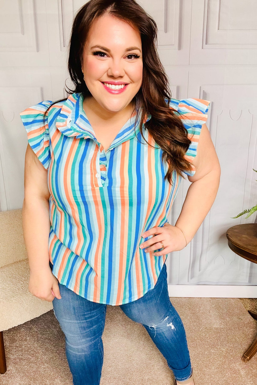 Happy Thoughts Sky Blue Striped Frill Button Down Tops | Nikki &amp; Co. Boutique