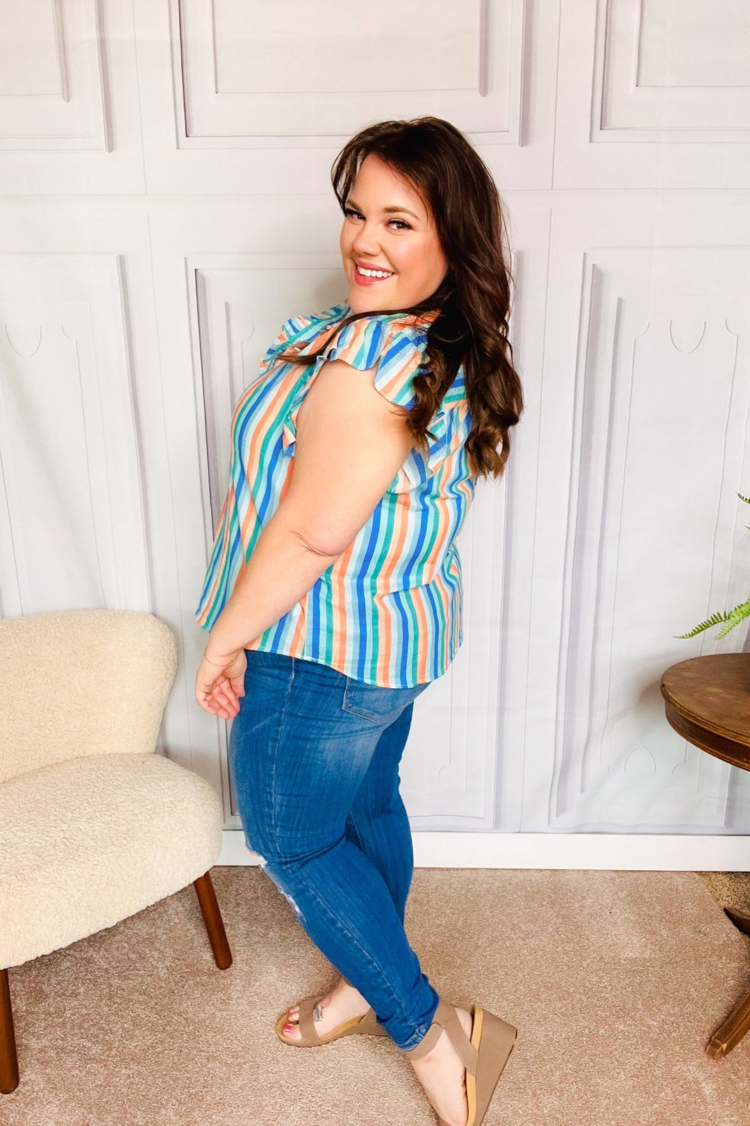 Happy Thoughts Sky Blue Striped Frill Button Down Tops | Nikki &amp; Co. Boutique