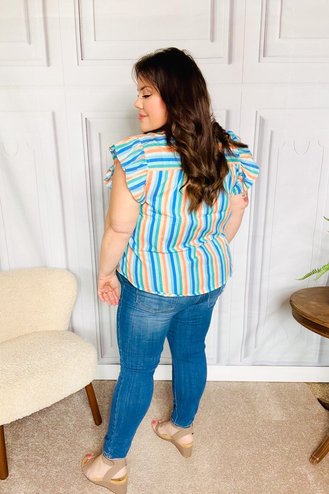 Happy Thoughts Sky Blue Striped Frill Button Down Tops | Nikki &amp; Co. Boutique