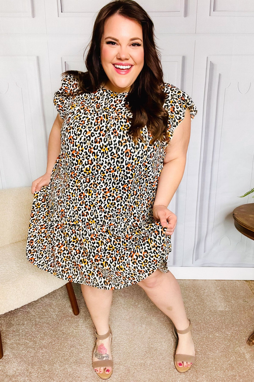 Feeling Bold Taupe Leopard Print Tiered Ruffle Sleeve Woven Dress | Nikki &amp; Co. Boutique