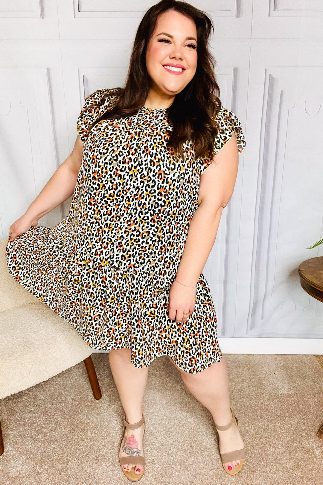 Feeling Bold Taupe Leopard Print Tiered Ruffle Sleeve Woven Dress | Nikki &amp; Co. Boutique