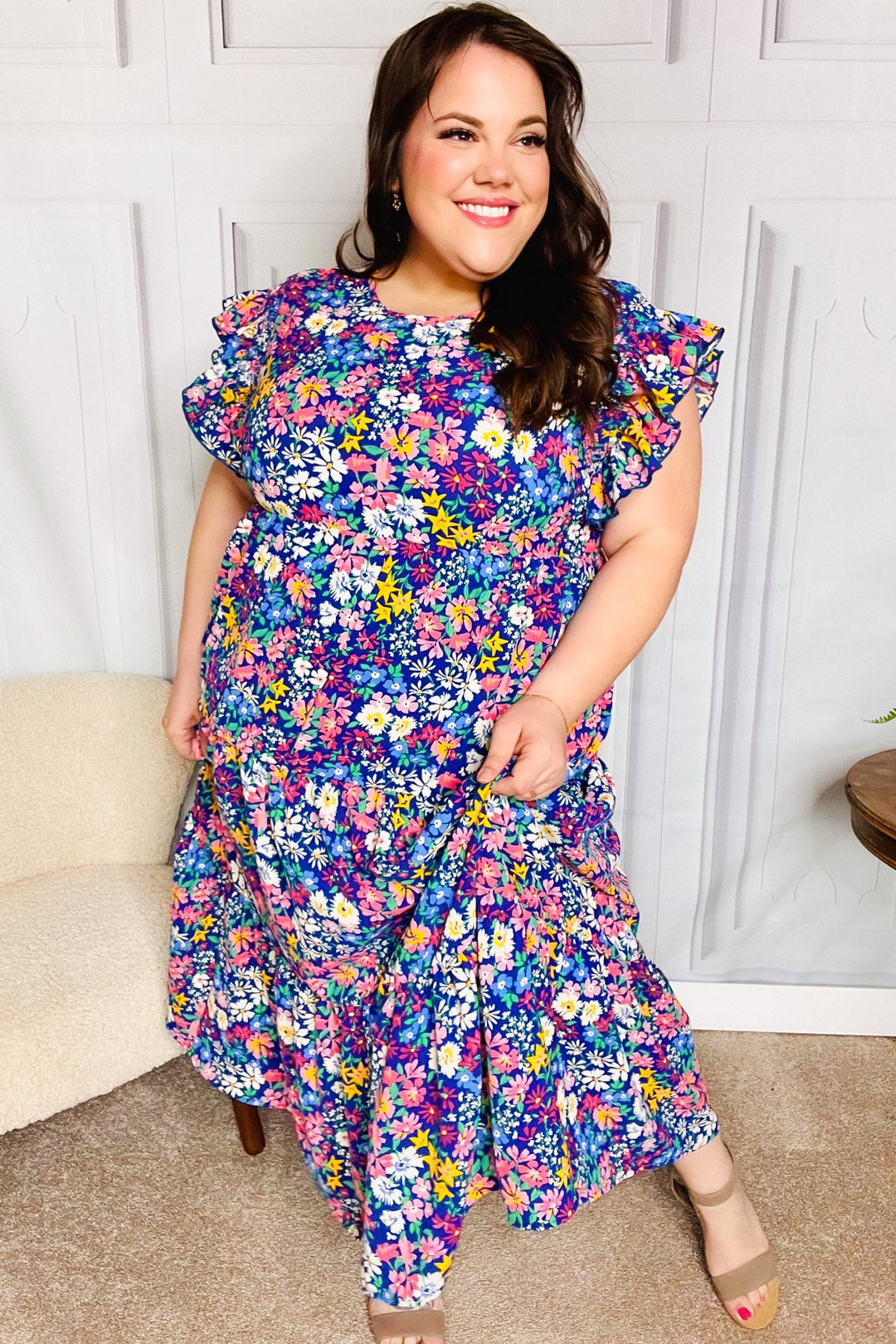 Just A Dream Navy Floral Smocked Ruffle Sleeve Maxi Dress | Nikki &amp; Co. Boutique